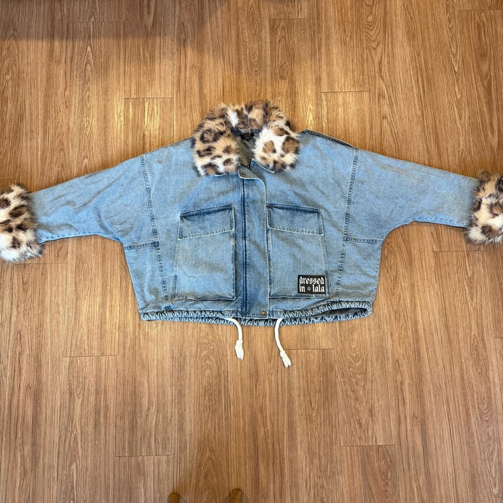 Dressed in LALA Eagle Denim Jacket with Faux Leopard Fur Trim